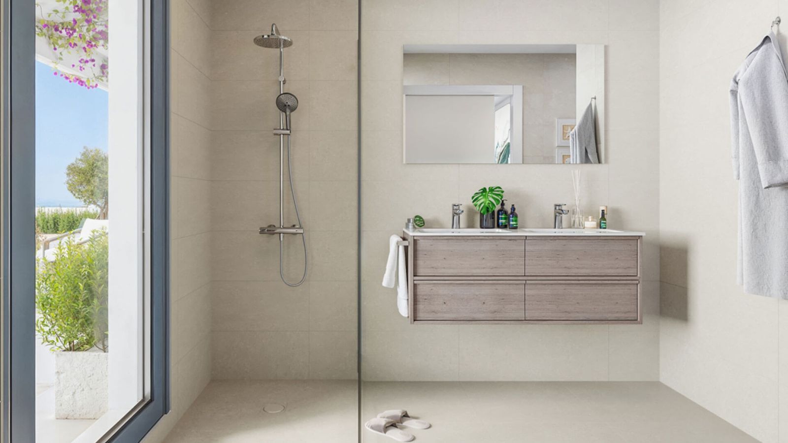 Moderne badkamer met inloopdouche en houten wastafelmeubel